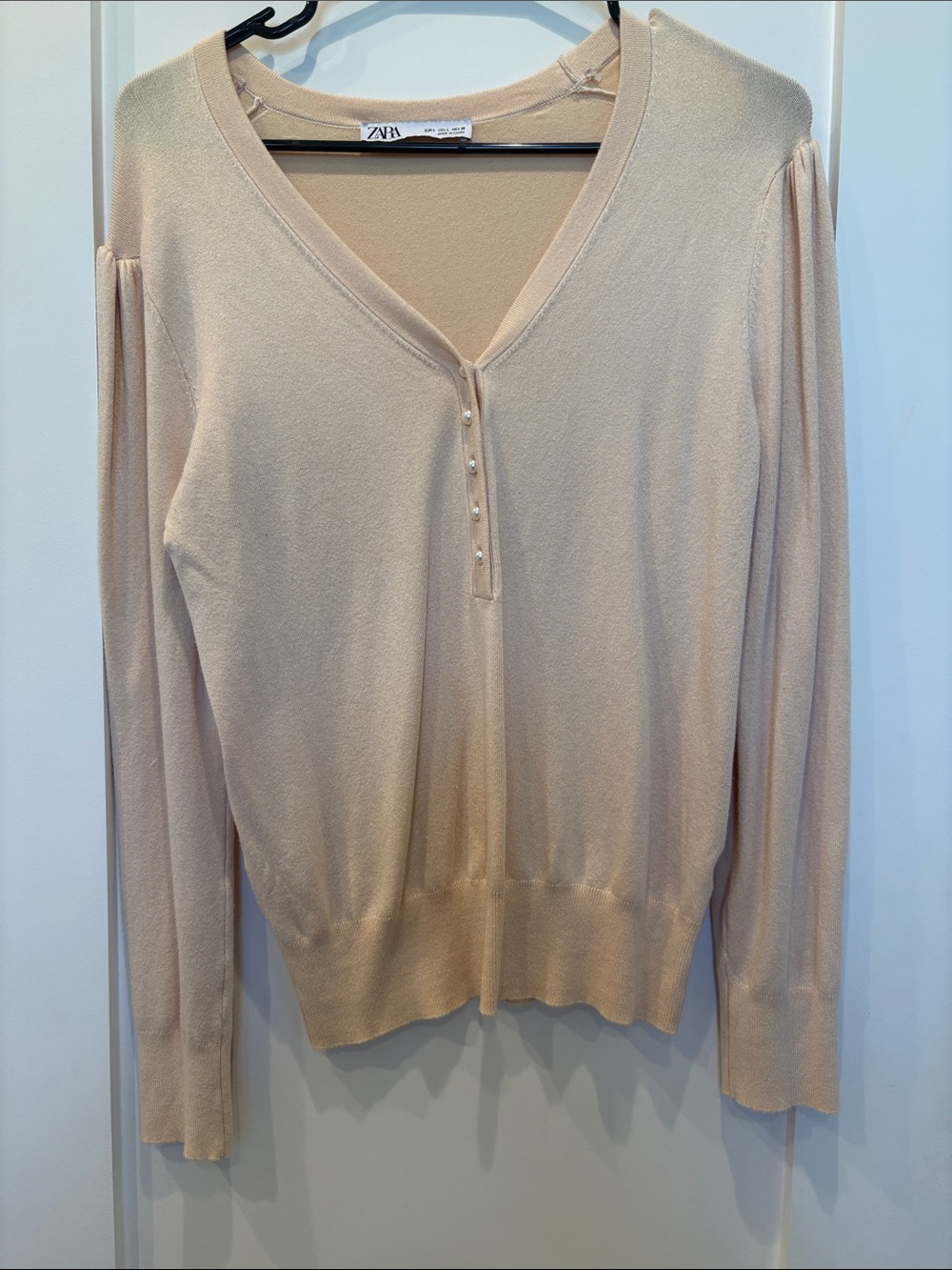 Zara Pale Cream V-Neck Button-Front Women's Sweater